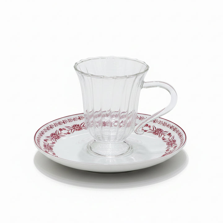 EM-012 12-Piece Glass Cup & Ceramic Saucer Set with Red Rim and Red Floral Design | Siddiq Gifts Mussafah Abu Dhabi