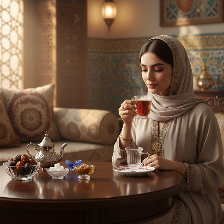 EM-012 12-Piece Glass Cup & Ceramic Saucer Set with Red Rim and Red Floral Design | Siddiq Gifts Mussafah Abu Dhabi