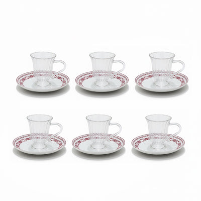 EM-012 12-Piece Glass Cup & Ceramic Saucer Set with Red Rim and Red Floral Design | Siddiq Gifts Mussafah Abu Dhabi