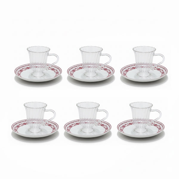 EM-012 12-Piece Glass Cup & Ceramic Saucer Set with Red Rim and Red Floral Design | Siddiq Gifts Mussafah Abu Dhabi