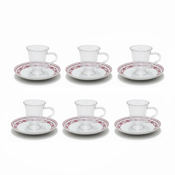 EM-012 12-Piece Glass Cup & Ceramic Saucer Set with Red Rim and Red Floral Design | Siddiq Gifts Mussafah Abu Dhabi