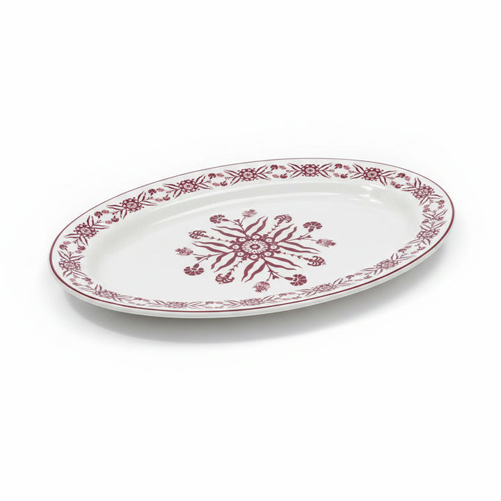 EM-013 12-Inch Ceramic Oval Plate with Red Rim and Red Floral Design | Siddiq Gifts Mussafah Abu Dhabi