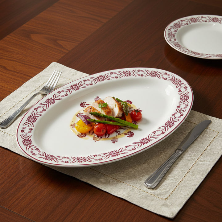 EM-013 12-Inch Ceramic Oval Plate with Red Rim and Red Floral Design | Siddiq Gifts Mussafah Abu Dhabi