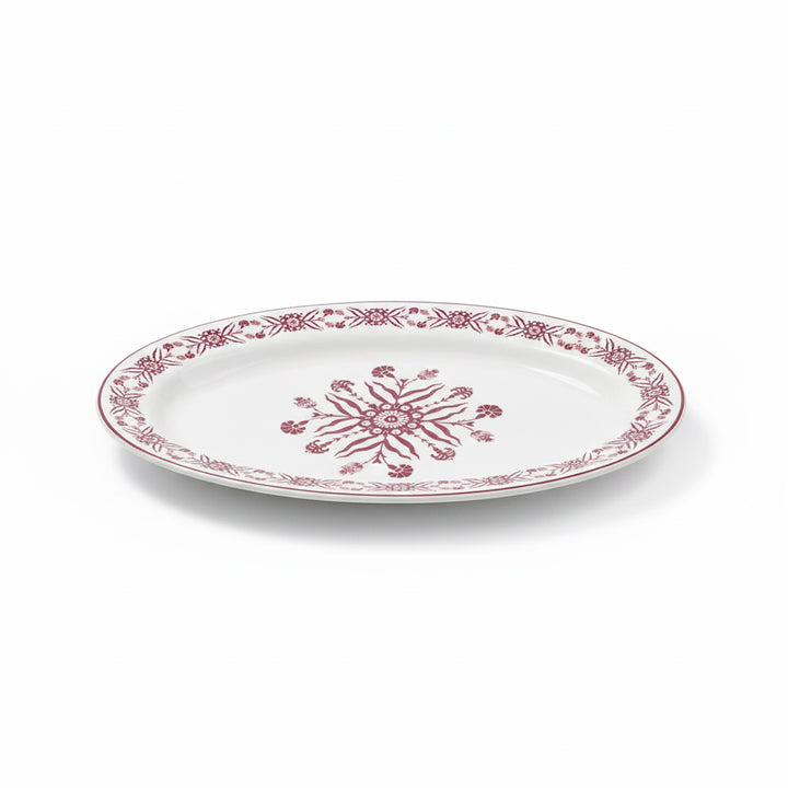 EM-013 12-Inch Ceramic Oval Plate with Red Rim and Red Floral Design | Siddiq Gifts Mussafah Abu Dhabi