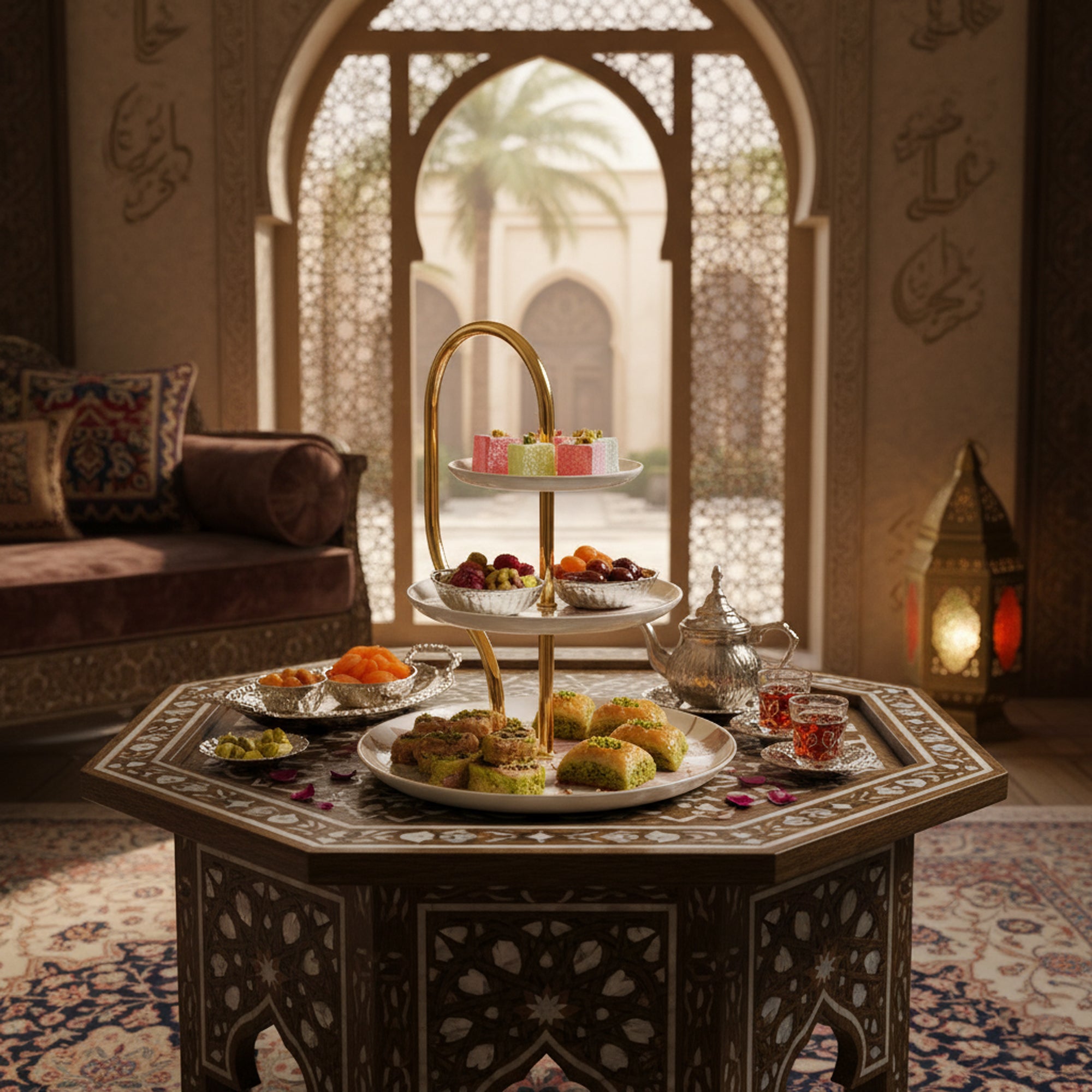 حامل ماريسيلا ثلاثي الطبقات ET3027 - تصميم زهري باللونين الأحمر والذهبي