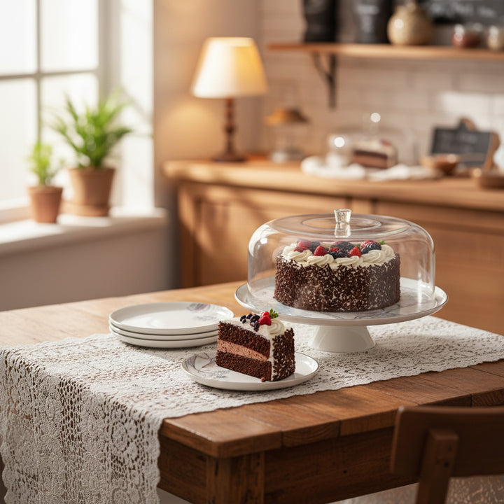 Chocolate cake on a wooden table with a glass cover in a cozy kitchen setting.