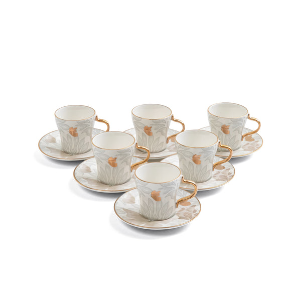 ET3069 Veloura Turkish Cup & Saucer Set – 12 Pieces – Brown & Gold Floral Design