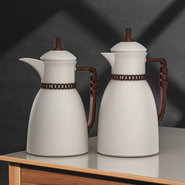 FG213 IVDW Vacuum Flask 2-Piece Set – Ivory with Dark Wooden Handle – (0.7L + 1L) – Siddiq Gifts Mussafah Abu Dhabi