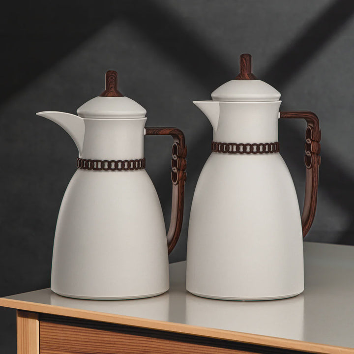 FG213 IVDW Vacuum Flask 2-Piece Set – Ivory with Dark Wooden Handle – (0.7L + 1L) – Siddiq Gifts Mussafah Abu Dhabi