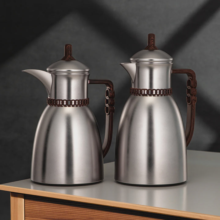 FG213 MNIDW Vacuum Flask 2-Piece Set – Matte Nickel with Dark Wooden Handle – (0.7L + 1L) – Siddiq Gifts Mussafah Abu Dhabi