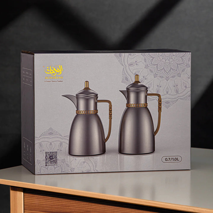 FG213 MNIMG Vacuum Flask 2-Piece Set – Matte Nickel with Matte Gold Handle – (0.7L + 1L) – Siddiq Gifts Mussafah Abu Dhabi