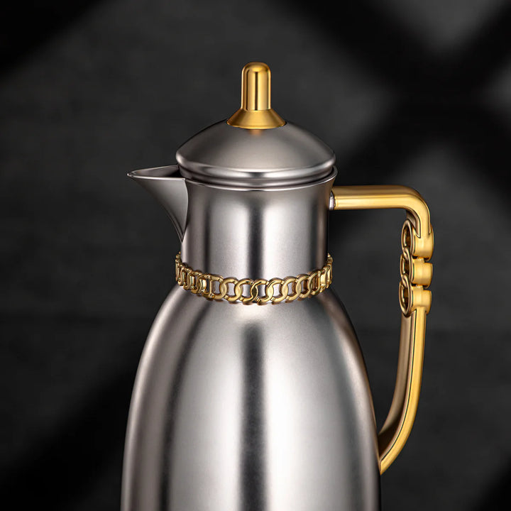 FG213 MNIMG Vacuum Flask 2-Piece Set – Matte Nickel with Matte Gold Handle – (0.7L + 1L) – Siddiq Gifts Mussafah Abu Dhabi