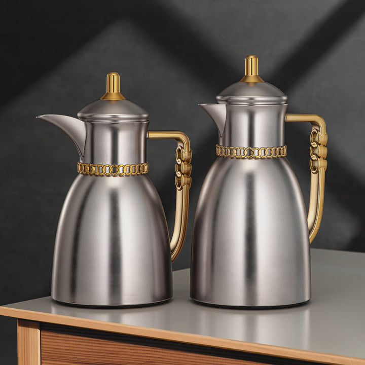 FG213 MNIMG Vacuum Flask 2-Piece Set – Matte Nickel with Matte Gold Handle – (0.7L + 1L) – Siddiq Gifts Mussafah Abu Dhabi