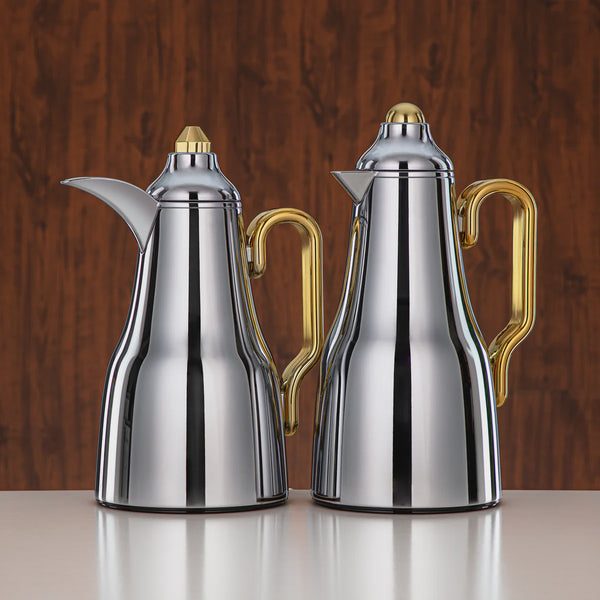 FG814 Vacuum Flask Set – 2 Pieces (0.7L + 1L) – Silver with Gold Accents