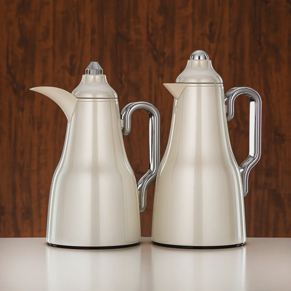 FG814 Vacuum Flask Set – 2 Pieces (0.7L + 1L) – Pearl White with Silver Handles