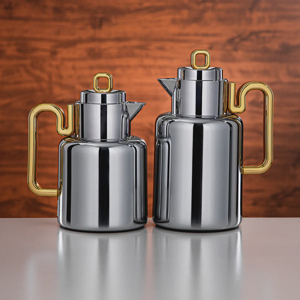 FG815 Vacuum Flask – 2-Piece Set – 0.5L + 1L – Silver with Gold Handle