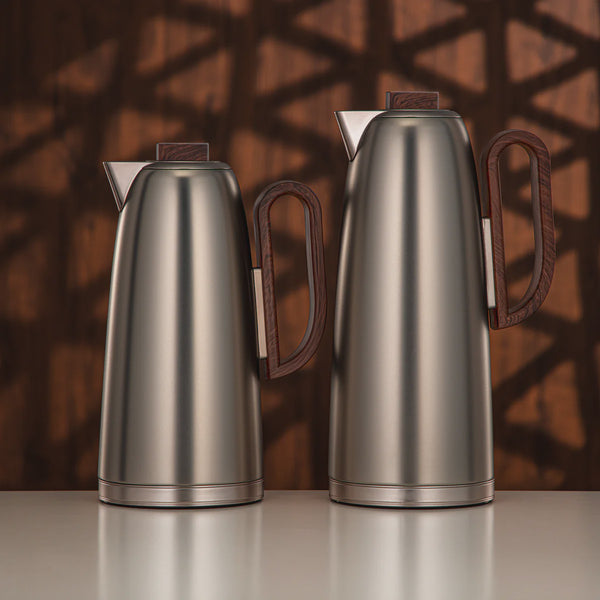 FG816-MNIDW Vacuum Flask 2-Piece Set – Matt Nickel with Dark Wooden Handle – 0.7L & 1.0L | Siddiq Gifts Mussafah Abu Dhabi