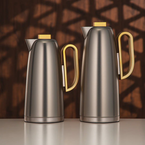 FG816-MNIMG Vacuum Flask 2-Piece Set – Matt Nickel with Matt Gold Handle – 0.7L & 1.0L | Siddiq Gifts Mussafah Abu Dhabi