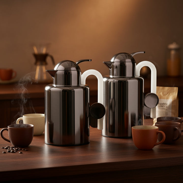 Two black coffee pots on a wooden table with coffee cups and beans.