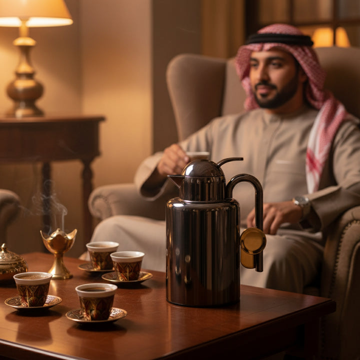 Man in traditional attire sitting in a cozy room with coffee cups and a coffee pot on a table.