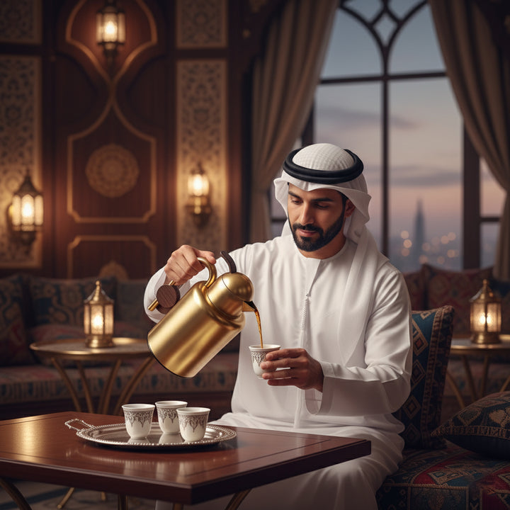 Man in traditional attire pouring coffee in a decorated room with evening cityscape.