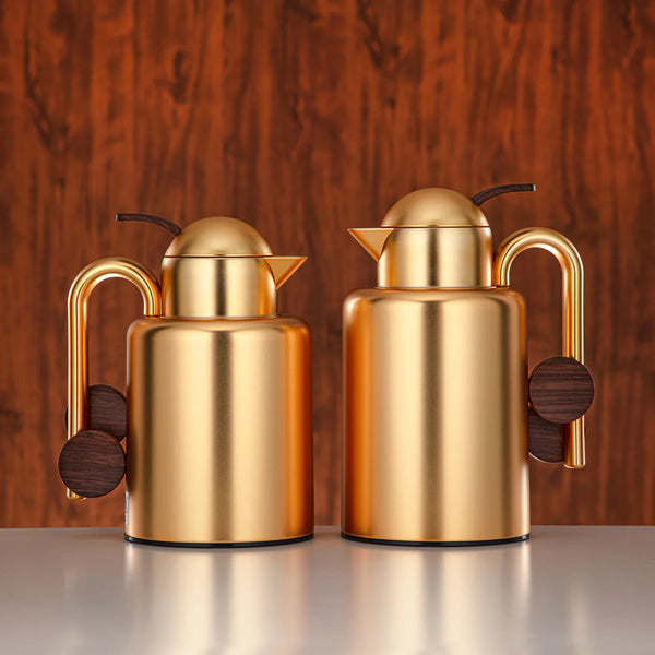 FG819 Vacuum Flask 2-Piece Set (1.5L + 1.0L) – Matt Gold & Dark Wooden Finish