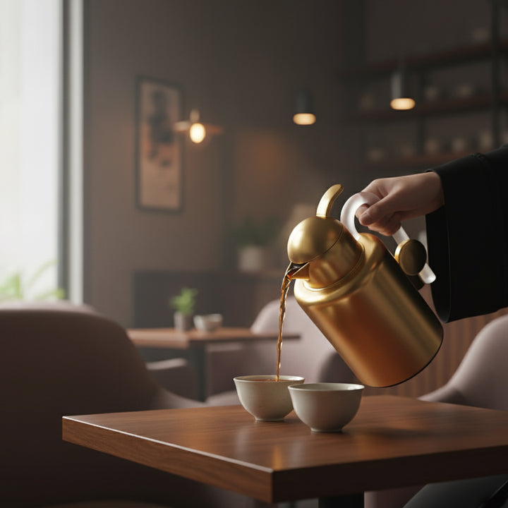 FG819 Vacuum Flask 2-Piece Set (1.5L + 1.0L) in elegant matt gold and white frost finish, featuring a modern cylindrical design with curved white handles and round accents — displayed on a clean white background.