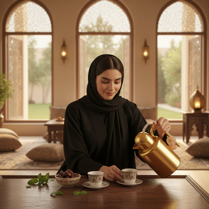 Woman in black hijab pouring tea from a gold pot in a room with large windows.