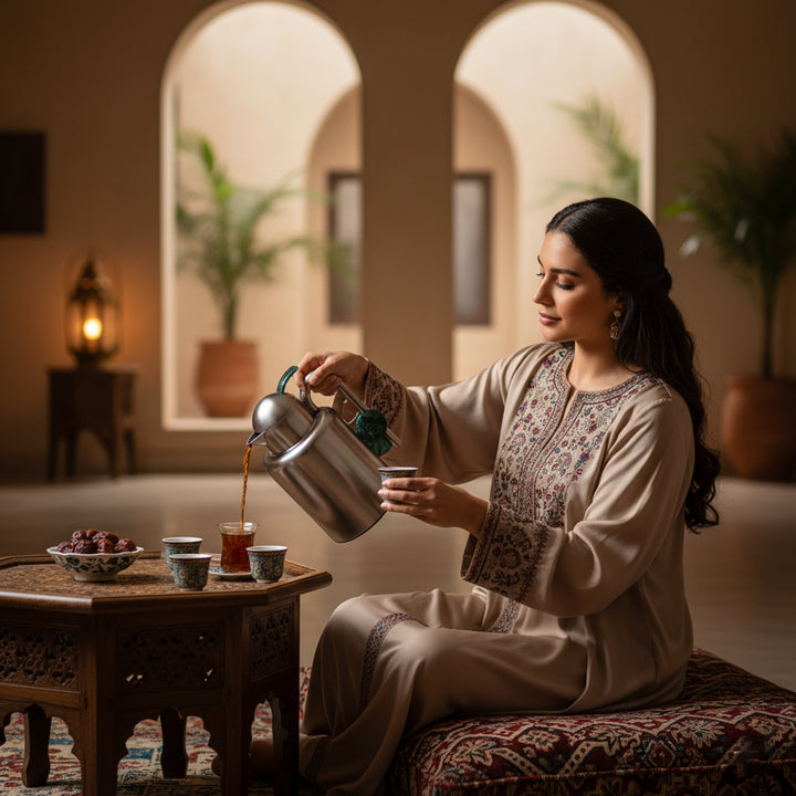 Woman in traditional attire pouring tea in a warm, decorated room.