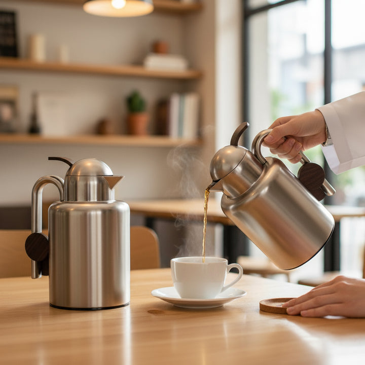 Person pouring steaming hot liquid from a stainless steel kettle into a white mug on a wooden table.