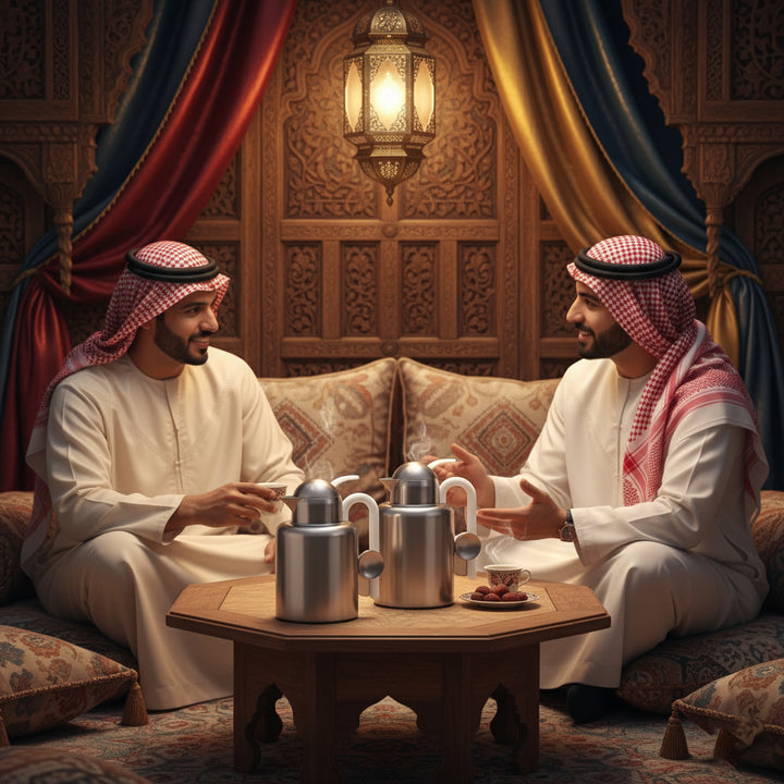 Two men in traditional Middle Eastern attire sitting on a couch in a decorated room with lanterns and a table.