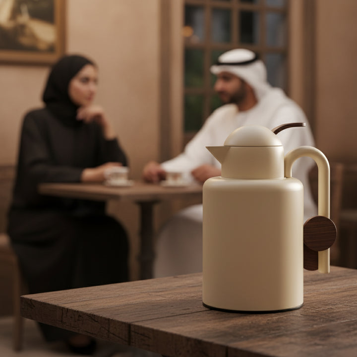Beige teapot on a wooden table with two people sitting in the background