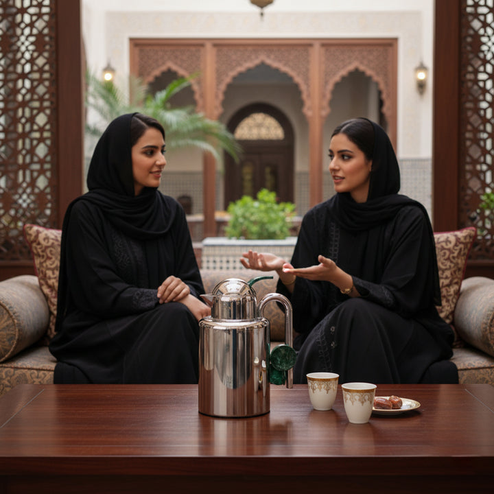 Two women in black abayas sitting at a table with a teapot and cups in a decorative room.