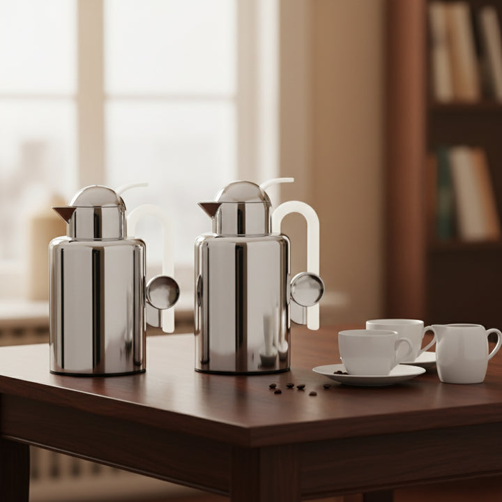 Stainless steel coffee pots and cups on a wooden table with a blurred background