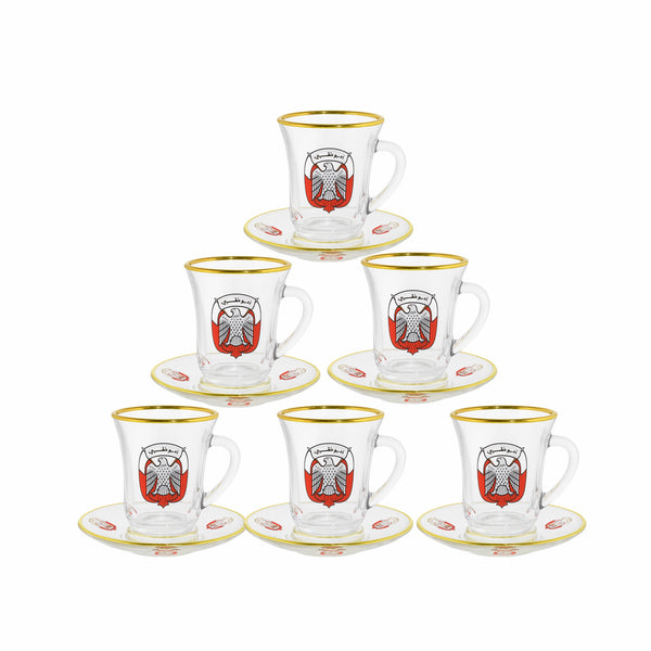 Set of six glass coffee cups with saucers featuring a logo on a white background