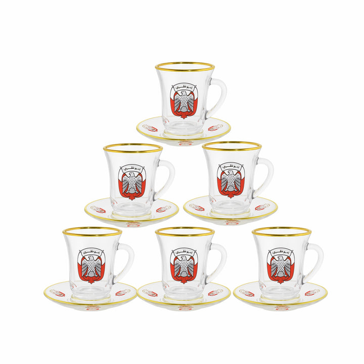 Set of six glass coffee cups with saucers featuring a logo on a white background
