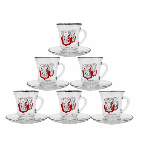 Set of six glass coffee cups with red and white designs on a white background