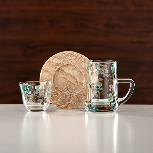 GLS2630069 Tea & Coffee Set 18 Pieces, Glass & Travertine