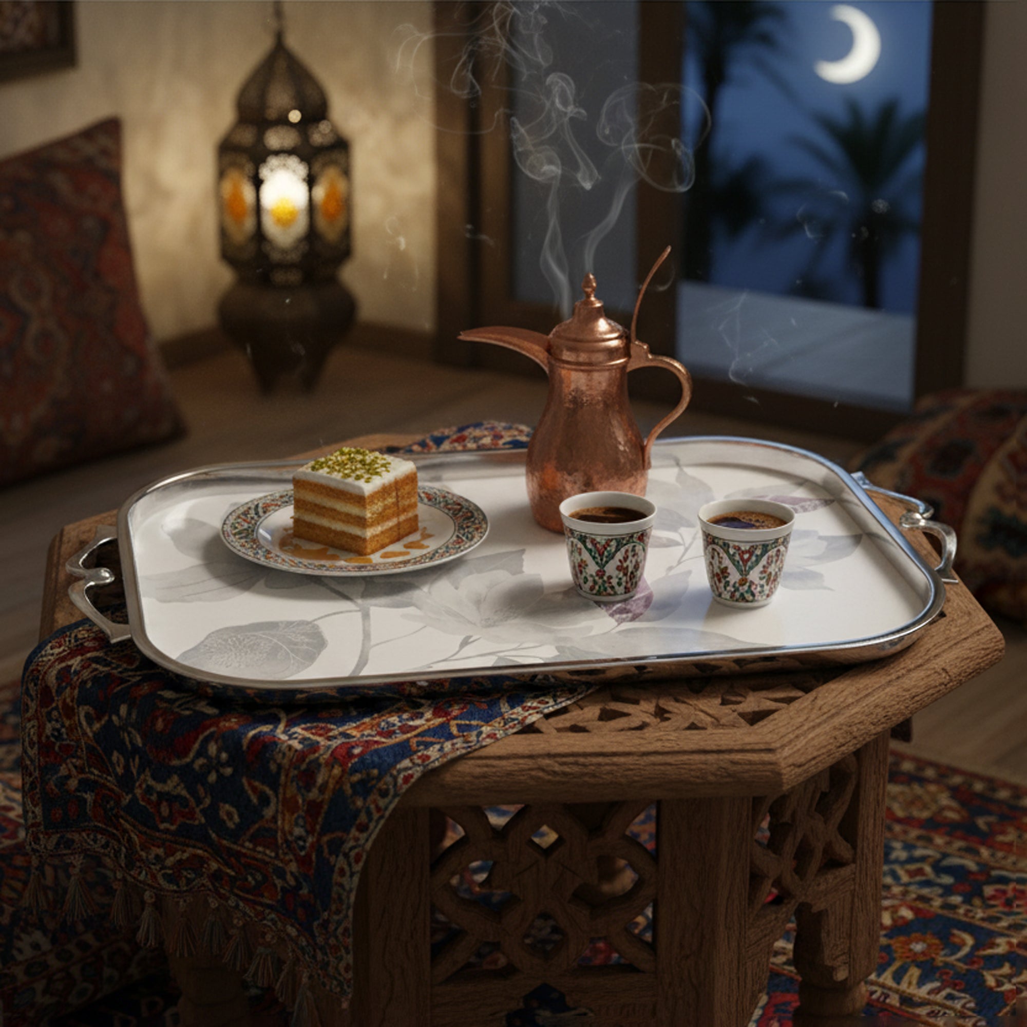 صينية تقديم ماريسيلا HJ1415 – 53 × 31 سم – تصميم زهري رمادي وفضي