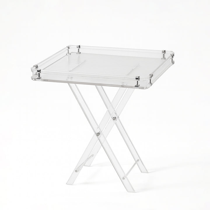 HO-931A-TS Transparent Ribbed Acrylic Folding Table Set with Silver Accents – 4 Tables + 1 Stand | Siddiq Gifts Mussafah Abu Dhabi