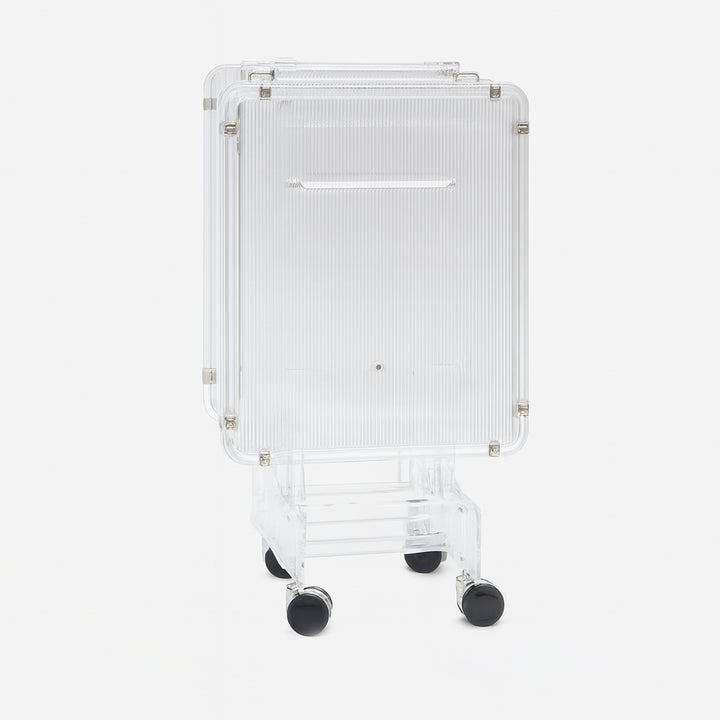 HO-931A-TS Transparent Ribbed Acrylic Folding Table Set with Silver Accents – 4 Tables + 1 Stand