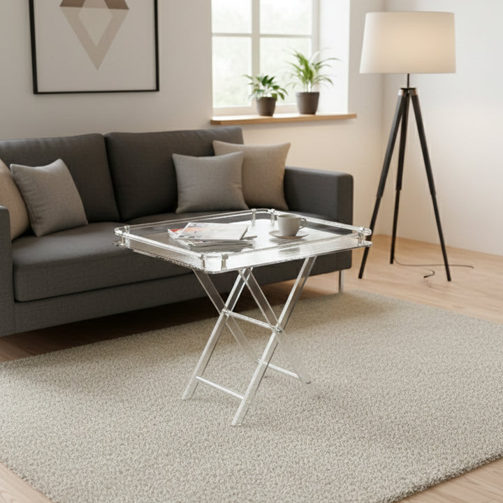 HO-931A-TS Transparent Ribbed Acrylic Folding Table Set with Silver Accents – 4 Tables + 1 Stand