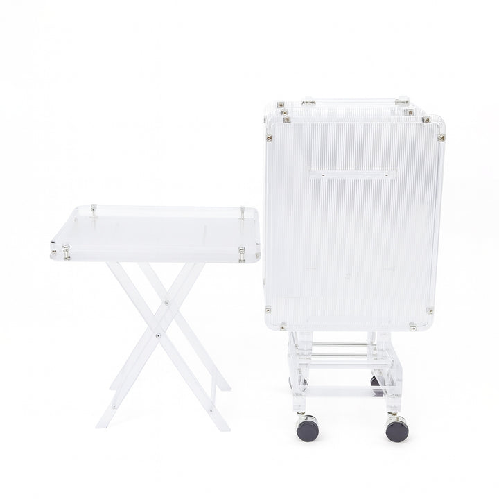 HO-931A-TS Transparent Ribbed Acrylic Folding Table Set with Silver Accents – 4 Tables + 1 Stand | Siddiq Gifts Mussafah Abu Dhabi