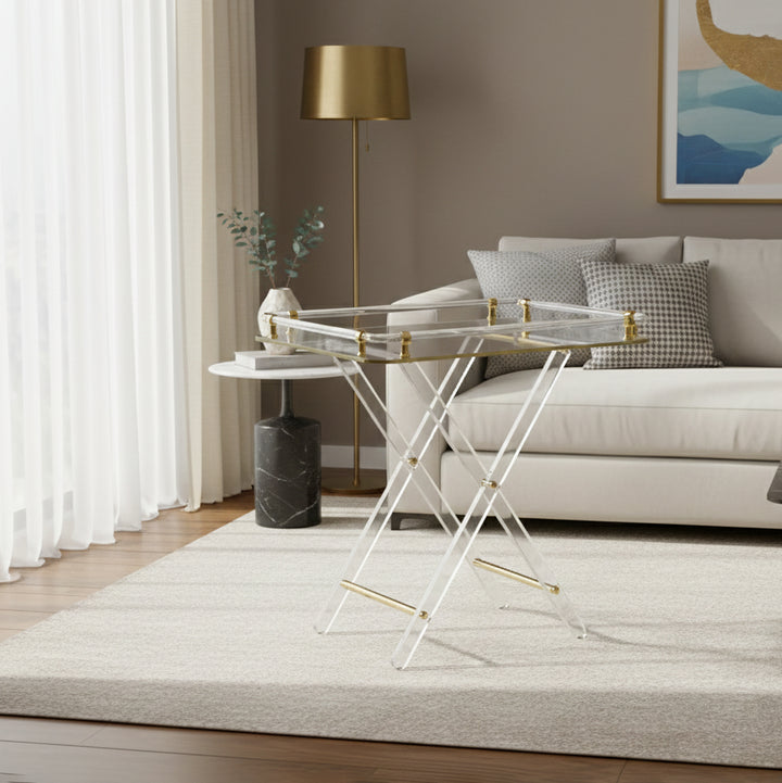 HO-931TG Deluxe Acrylic Folding Table Set – Transparent with Gold Accents – 4 Tables + 1 Stand – Siddiq Gifts Mussafah Abu Dhabi-