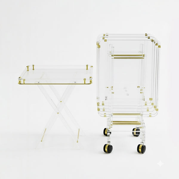 HO-931TG Deluxe Acrylic Folding Table Set – Transparent with Gold Accents – 4 Tables + 1 Stand – Siddiq Gifts Mussafah Abu Dhabi