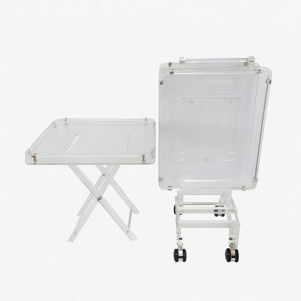 HO-931TS Deluxe Acrylic Folding Table Set – Transparent with Silver Accents – 4 Tables + 1 Stand – Siddiq Gifts Mussafah Abu Dhabi