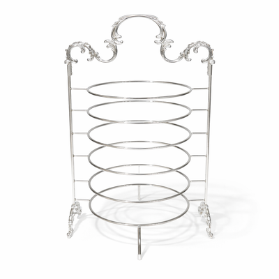 Shop HO-987B-S-S 6-layer metal plate holder stand in elegant silver finish. Ideal for organizing and displaying plates in buffet setups, catering events, and hospitality presentation. Available at Siddiq Gifts – Mussafah Abu Dhabi.