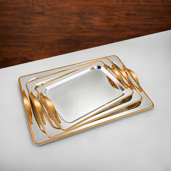 HT2411001 Serving Tray 3-Piece Set – Elegant Gold & Silver Plated Design with Textured Hammered Finish for Luxurious Serving