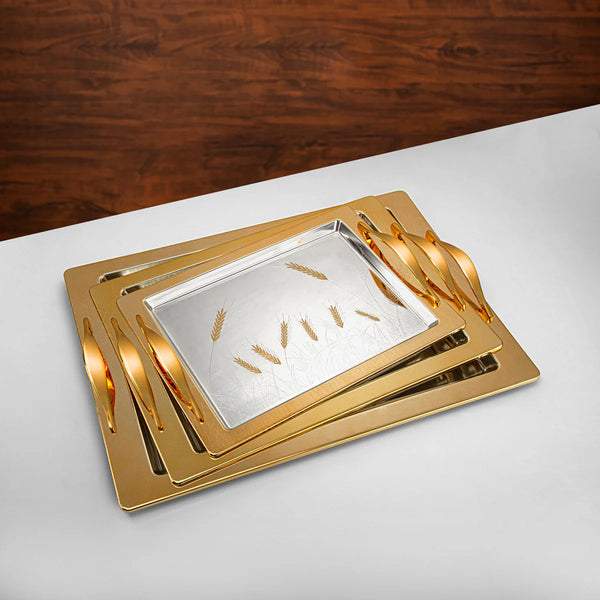 HT2411003 Serving Tray 3-Piece Set – Elegant Gold-Plated Design with Wheat Engraving for Luxurious Serving