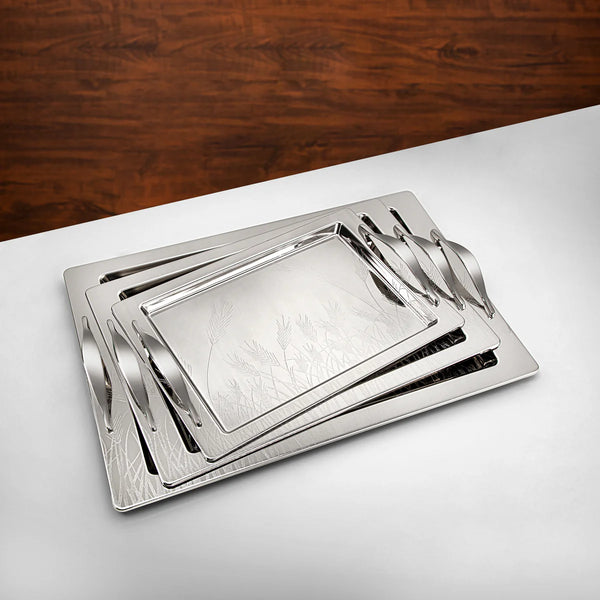 HT2411004 Serving Tray 3-Piece Set – Elegant Silver-Plated Design with Engraved Floral Pattern for Luxurious Serving